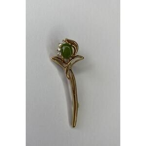 Vintage Gold Tone Pronged Jade Faux Diamonds Brooch Green Flower Pin